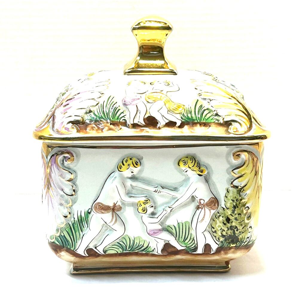 Vintage Handpainted Ceramic Alcobaca Portugal Lidded Dish Cherubs
